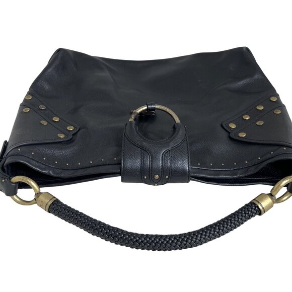 Cole Haan Black Leather Studded Hobo Bag With Brass Hardware & Braided Handle - Picture 4 of 10
